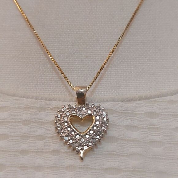 Natural Diamond Halo Cutout Heart Pendant 14K Gold Over Sterling Silver Necklace - Picture 1 of 6